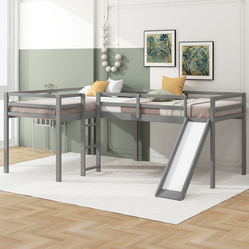 Lit mezzanine simple en L avec échelle et toboggan, gris, Gris