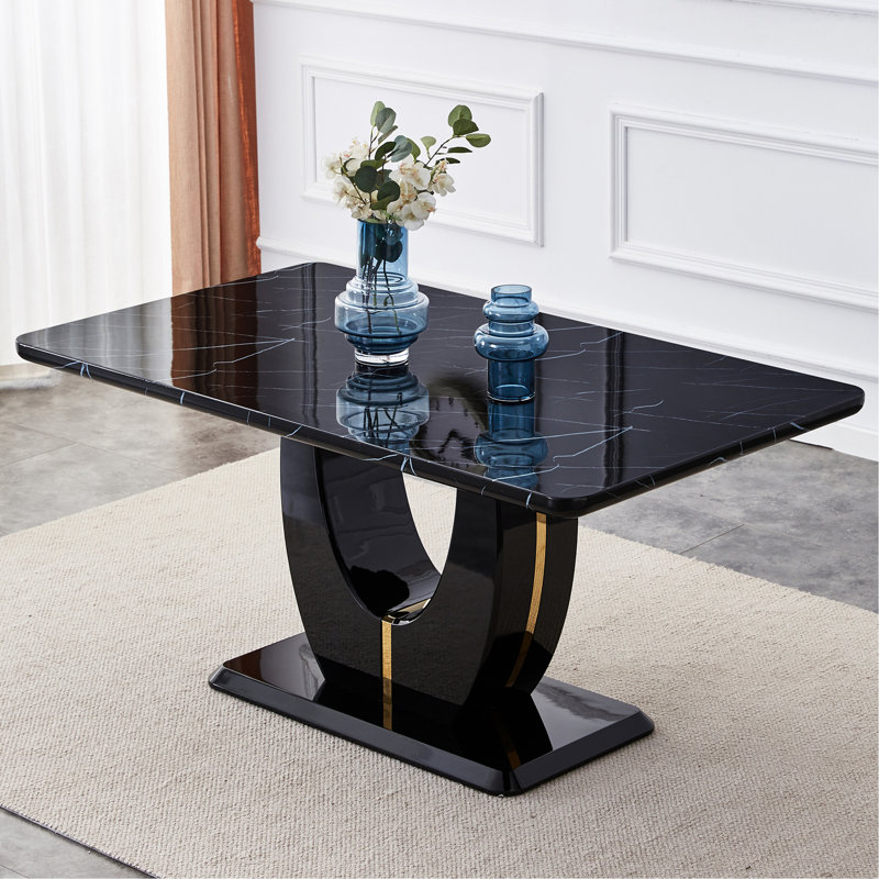 Table de salle à manger moderne, simple et luxueuse en bois aggloméré imitation marbre noir, table de bureau rectangulaire, table d'ordinateur, bureau de jeu, table à manger, salle à manger, salon, cuisine, 63 po x 37 po x 30 po