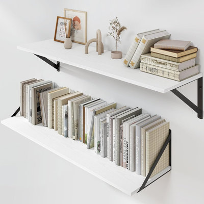 Set Of 2 White Deep Floating Shelves – 32" W X 8" D Wood Wall Shelves With Black Brackets For Living Room, Kitchen, Office & Bedroom Storage