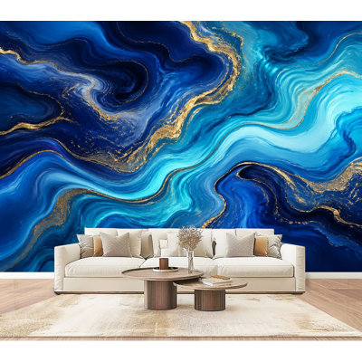 Wall Mural Peel and Stick Wallpaper Blue marble gold abstract texture Indigo ocean blue marbling natural Self-Adhesive Removable Contact Paper Wall Decor for Living Room Bedroom 100"H x 144"W