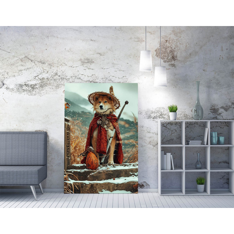 Corgi dog in a straw hat and a red cape Canvas Wall Art Print, 30 cm H x 20 cm W