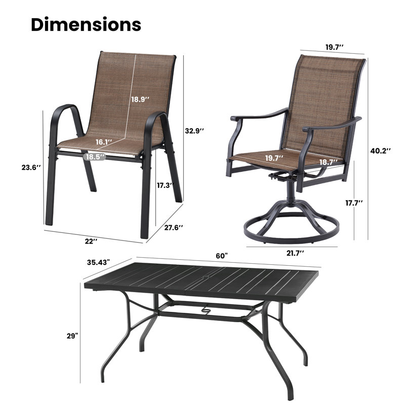 Ensemble repas en métal pour 6 personnes avec chaise pivotante, Brun