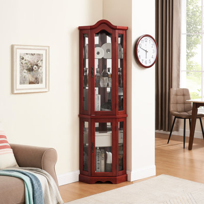 Élégante vitrine avec portes en verre et tablettes réglables en chêne trempé, éclairées pour la maison
