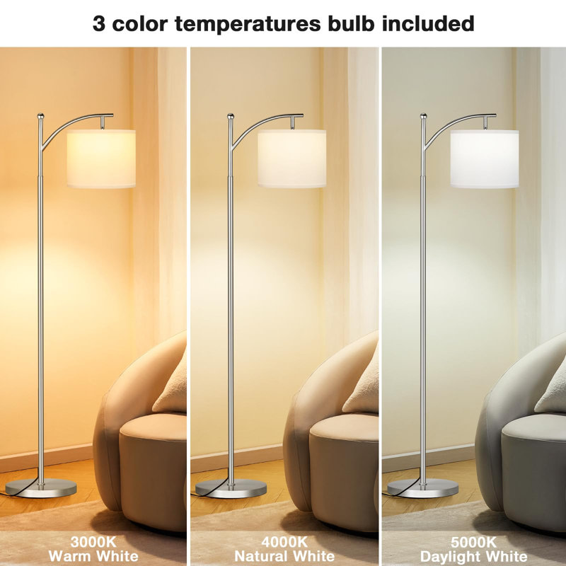 Lampe sur pied DEL moderne noire | Température de couleur réglable | Abat-jour rotatif | Base en métal robuste, Argent, Blanc