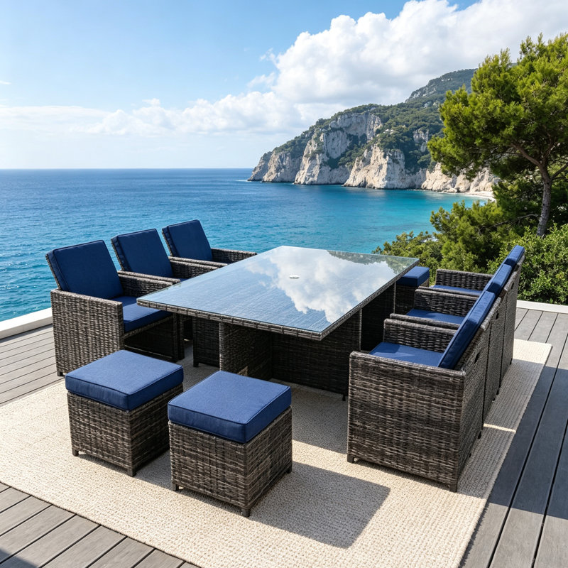 Amher 10 - Person Wicker Patio Dining Set with Rectangular Table , Cushions Included, Brown, Navy Blue