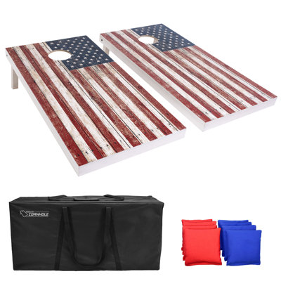 Ensemble de planches de jeu de cornhole en bois 4 x 2 pi GoSports - conception de drapeau américain rustique, comprend 2 planches, 8 sacs à billes, un étui de transport et des règles de jeu