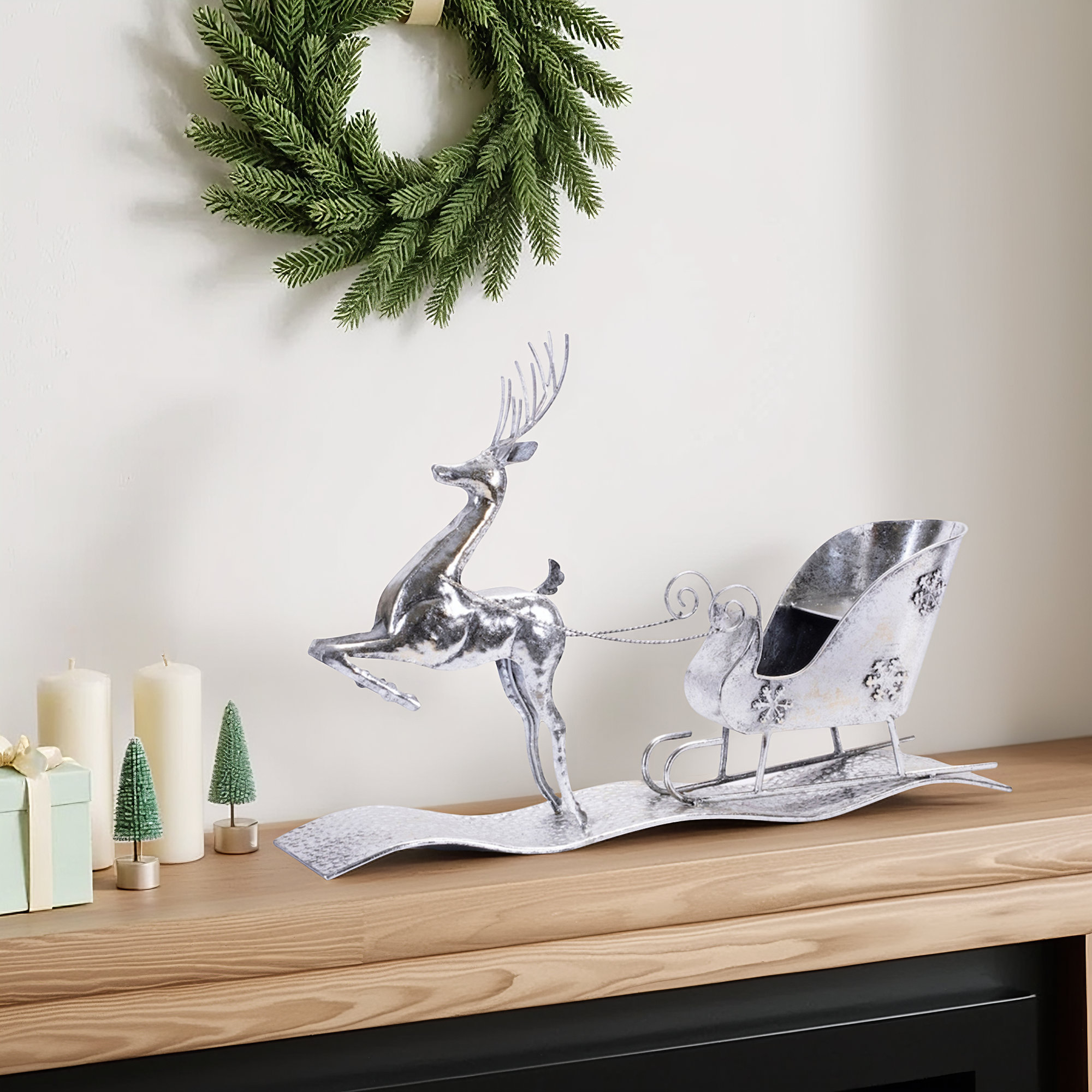 Hammered Metal Reindeer with Sleigh 25.5"L