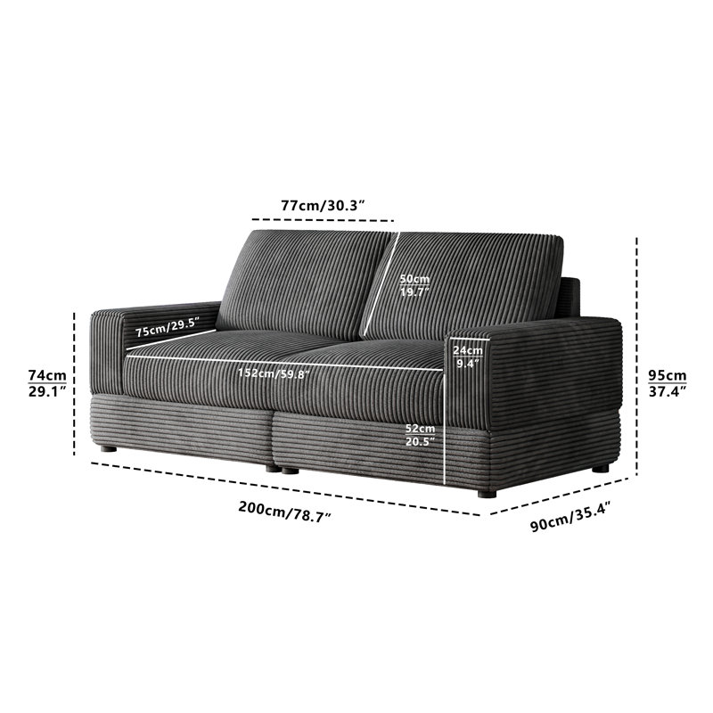 78.7''W Corduroy Modular Sectional Sofa Bed, Comfy 2-seater Upholstered Loveseat Couch with Armrests and Deep Seat, Modern Sleeper Couch Bed for Living Room, Bedroom and Office, Black