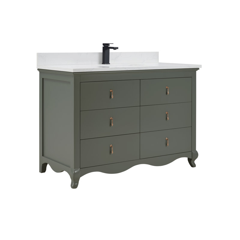 48" Solid Wood Single Bathroom Vanity with 1” Engineered Stone Top, Pewter Green