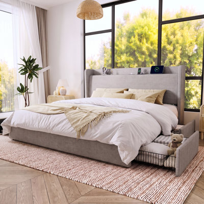 Modern Linen Upholstered Storage Bed Frame with 4 Drawers, Wingback Platform Bed with Charging Station and Storage Headboard, No Box Spring Needed