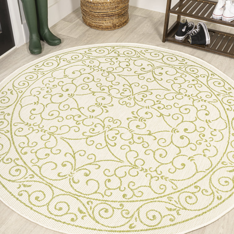 Debbe Vintage Filigree Textured Weave Cream/Green Indoor/Outdoor Rug