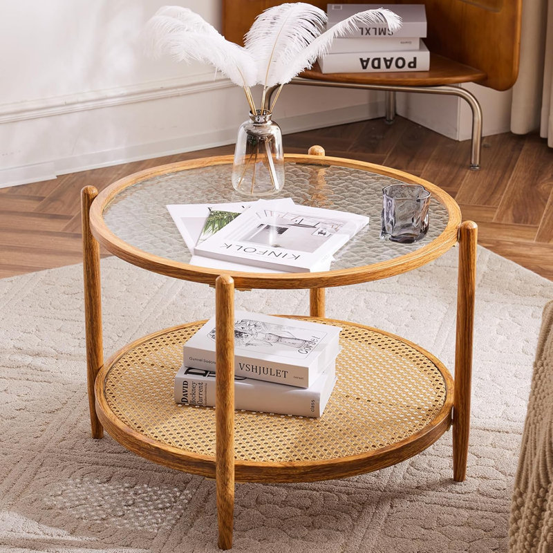 25.59in Double-Layered Round Water Ripple Glass And PE Rattan Tabletop Matched With Heat Transfer Wood Grain Iron Frame Coffee Table