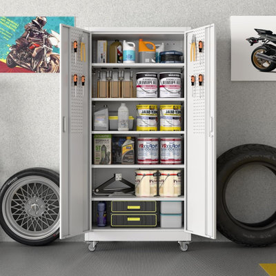 Metal Storage Cabinet with Wheels and Pegboard, 71" Tall Industrial Steel Cabinet with 5 Adjustable Shelves & Locking Doors, Rolling Garage Storage Cabinet for Office, Pantry, Home