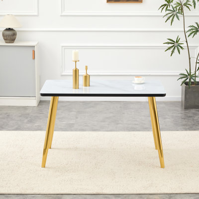 Modern 4-6 Person Rectangular Dining Table, Faux Marble Tempered Glass Top Kitchen Table With Gold Metal Tapered Legs, Glam Minimalist Dinner Table