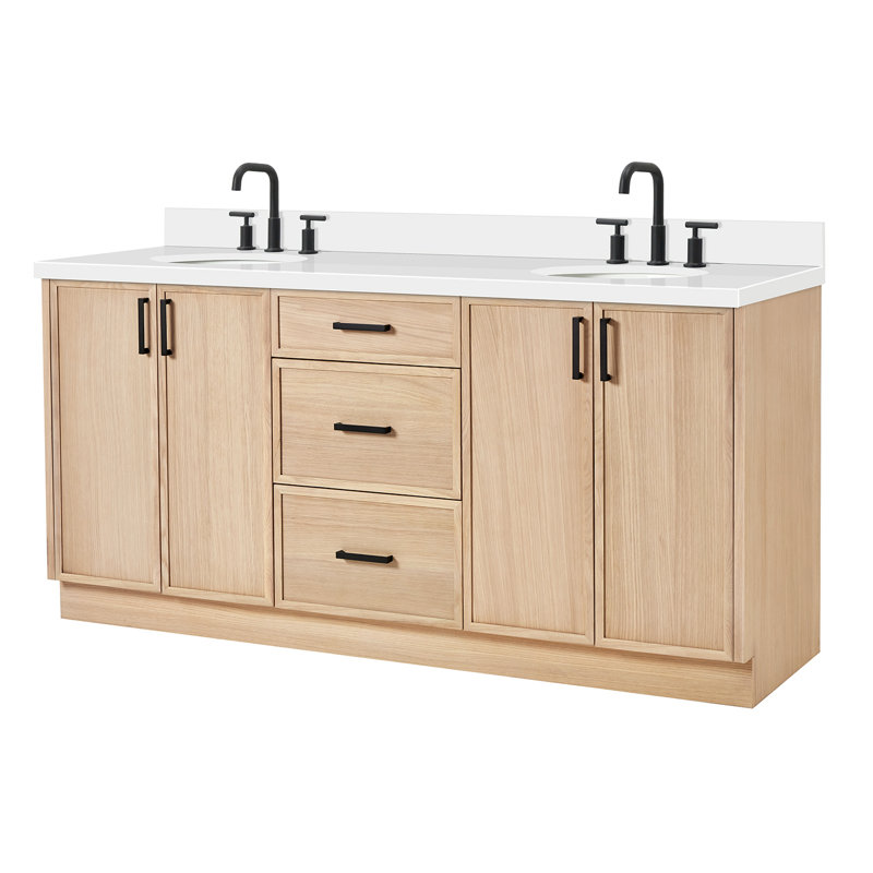 ARIEL Kelly 73 Double Sink Bathroom Vanity with Pure Quartz Top, Oak, Oval, Pure White Quartz
