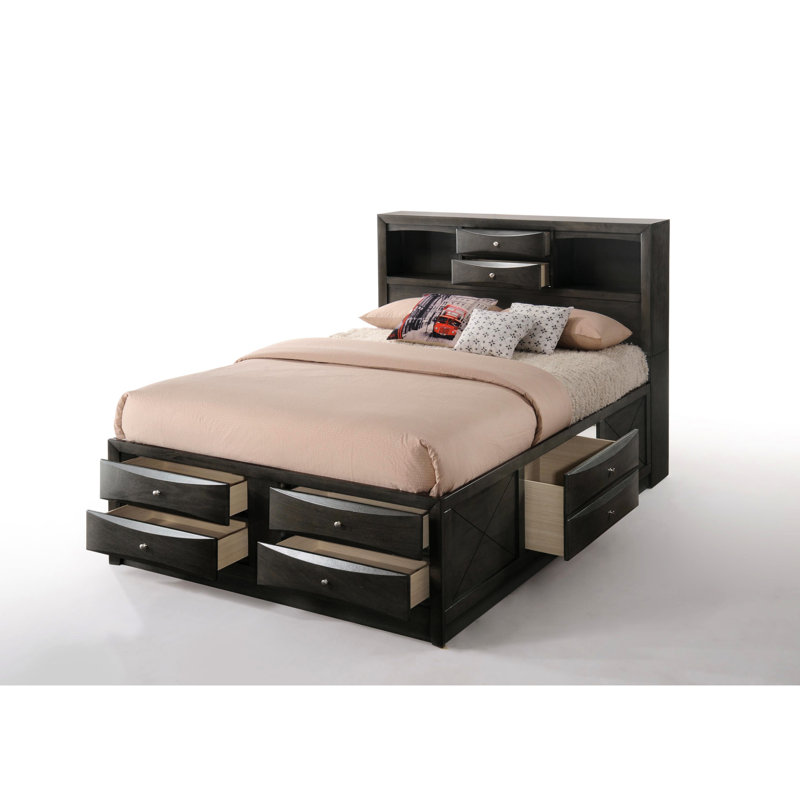 Grand lit de rangement en chêne gris - 8 tiroirs, tête de lit à profil bas avec placage, bois composite