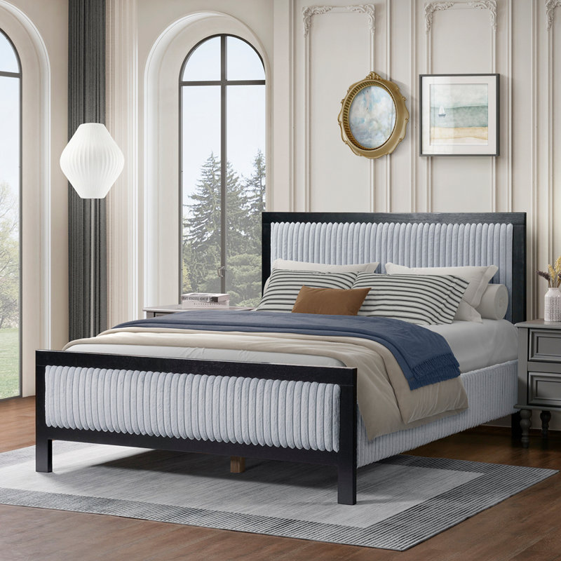Grand lit tapissier avec tête de lit moelleuse, cadre gris et noir