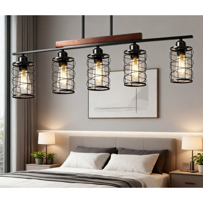 Kitchen Island Lighting Fixture, 5-Light Linear Chandelier With Wood And Metal Farmhouse Design, Adjustable Hanging Pendant Light For Dining Room Over Table