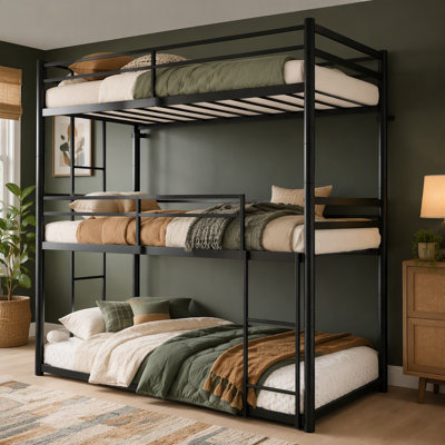 Lit superposé triple en métal convertible 3 en 1, cadre détachable, barrières de sécurité anti-basculement, silencieux, sans sommier.