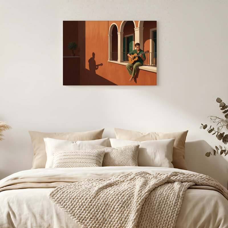 Musicien jouant de la guitare sur un balcon en terre cuite ensoleillé, 16"H x 24"W
