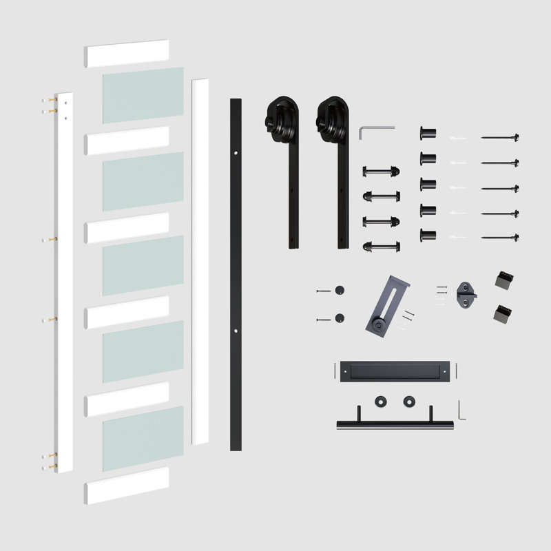 Porte de grange coulissante en verre givré de 36 po x 84 po 5 Lite avec trousse de quincaillerie incluse, panneau de bois recouvert d'une surface en PVC blanc résistant aux égratignures et à l'eau, assemblage simple à faire soi-même