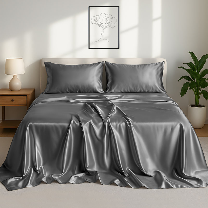 Drap-housse luxueux 4 pièces Lux Satin, Ensemble de draps pour très grand lit avec 2 taie, Gris foncé