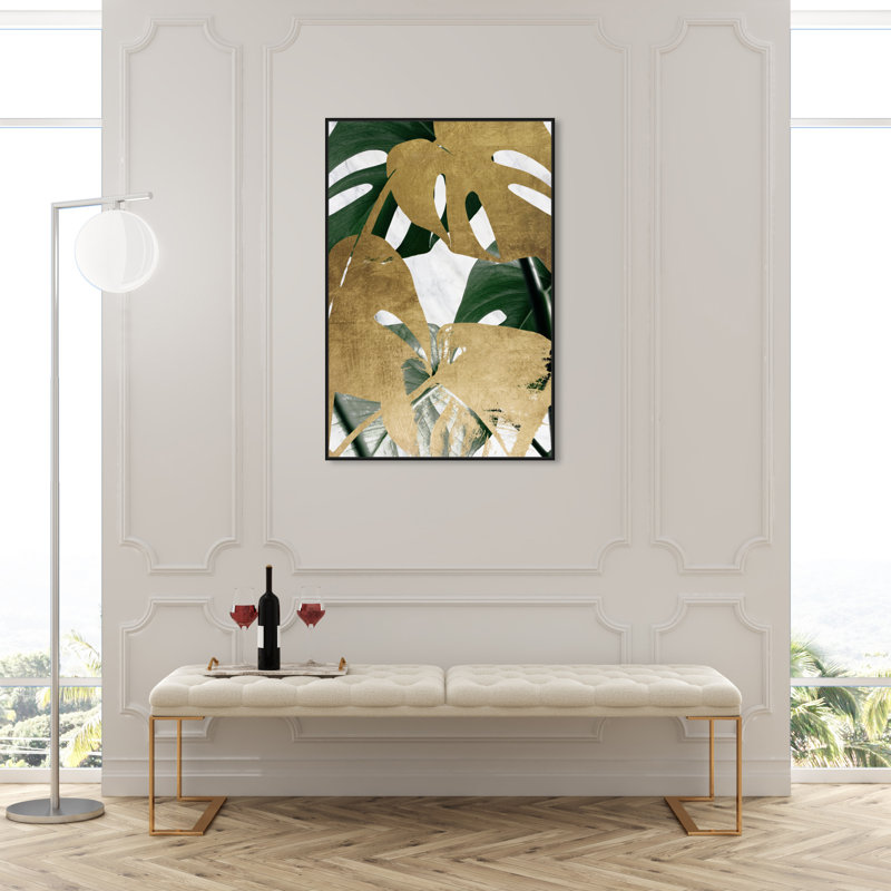 Plantes dorées, plantes tropicales - impression sur toile, H 46 po x l 31 po, Cadre flottant noir