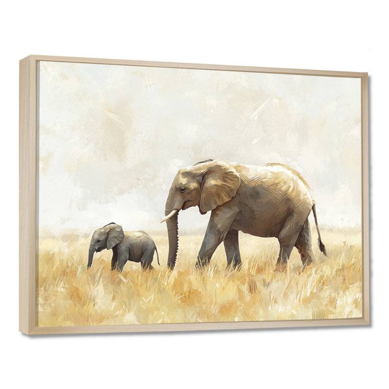 Éléphant avec son bébé en Afrique - Éléphant, art mural, H 30 po x l 40 po, Impression encadrée flottante, Crème, crème