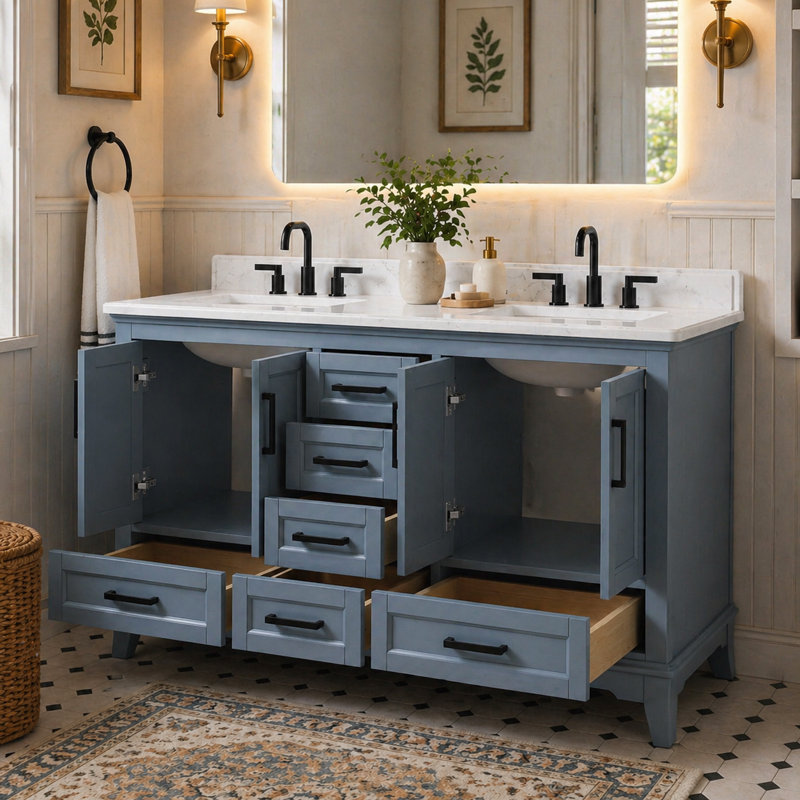 Allendale 60" Freestanding Double Sink Bathroom Vanity With Quartz Top, 60", Blue