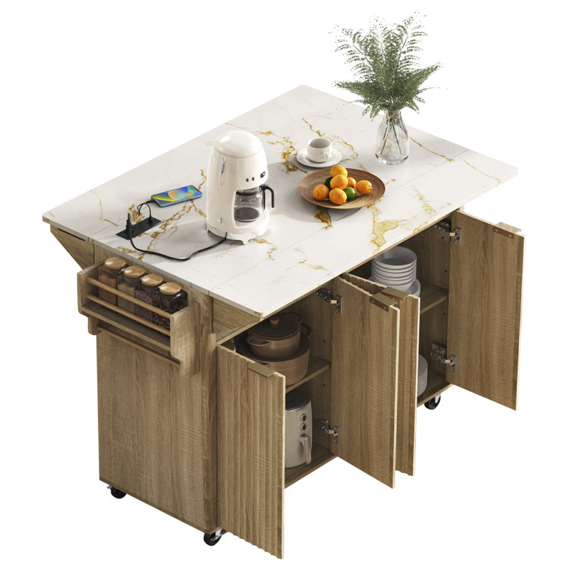 Îlot de cuisine cannelé avec 2 abattants, chariot de rangement de cuisine avec prise de courant, 4 portes, support à épices, table d'îlot roulant avec plateau en faux marbre, rebord courbé pour la cuisine, la salle à manger