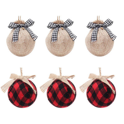6 pièces de boules de Noël à carreaux Buffalo, décorations de Noël rustiques, écume de Noël en forme de toile de jute, décorations suspendues pour décoration de fête d'anniversaire, 3,15 po de diamètre, style A6