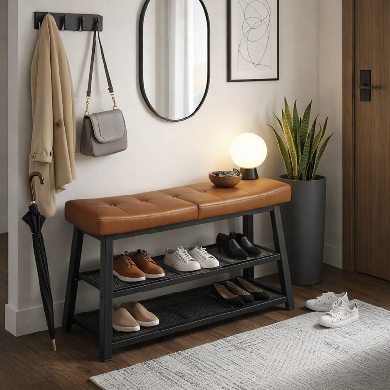 3-Tier Shoe Organizer Storage Bench with Storage and Cushion for Entryway, Hallway, Brown
