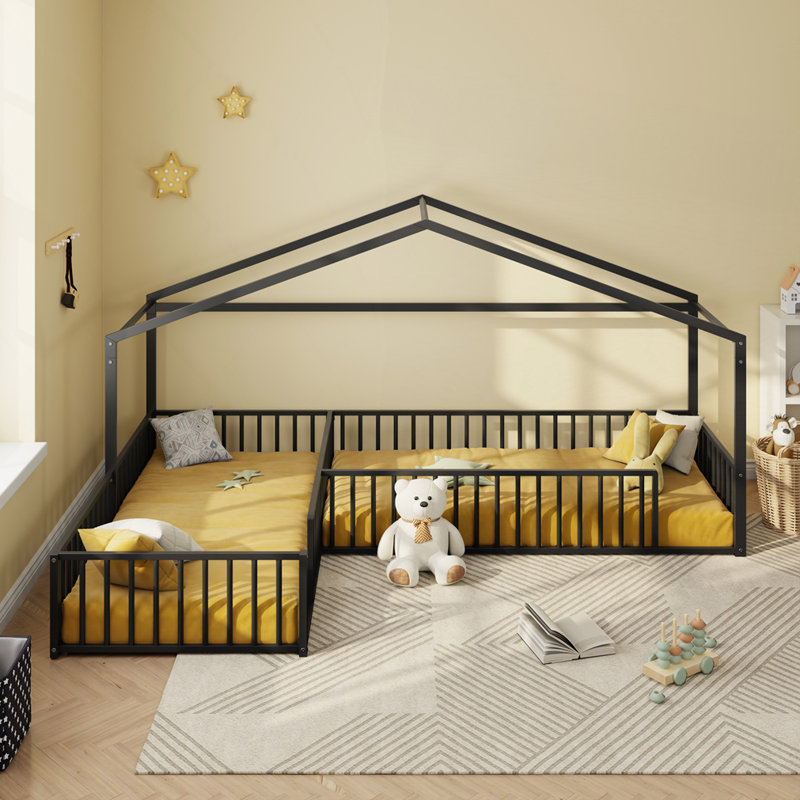 Double Twin Size L-Shaped Montessori Bed, Black