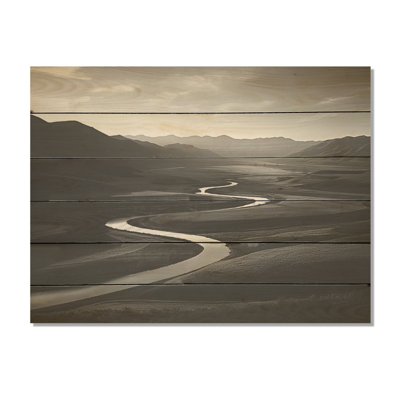 Rivière de montagne noire et blanche - Art sur bois de pin naturel, H 30 po x l 40 po