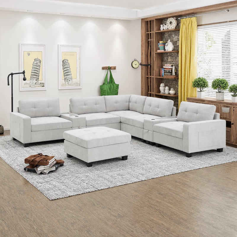 Ensemble de canapé modulaire en U de 104 po avec tables en acrylique, chargement USB, rangement et repose-pieds mobile Chenille
