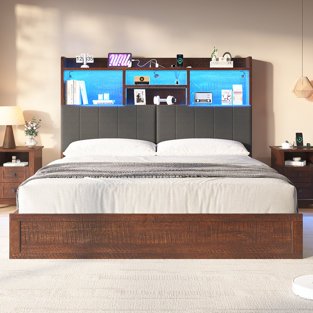 Farmhouse Bed Frame With LED Storage Bookcase Headboard & Charging Station Ivy Bronx 