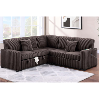 Lit modulaire convertible réversible avec rangement contemporain 3 pièces, bâbord, matériau semblable à de la fourrure chocolat, contreplaqué, coussin dans le salon avec finition, pieds en plastique, pour