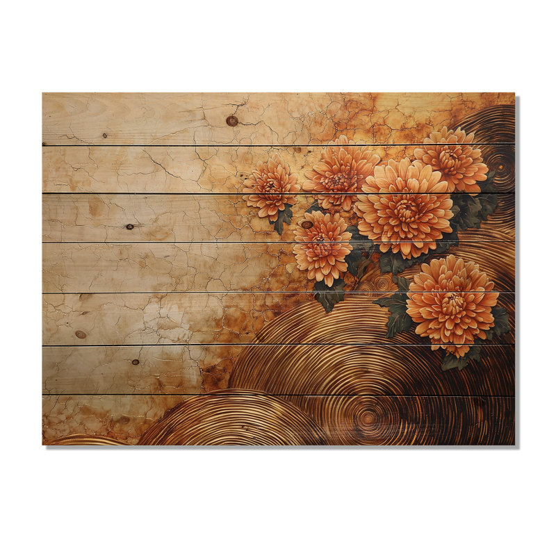 Chrysanthèmes fleurs sur une glissoire en bois III - Décoration murale en bois de chrysanthèmes