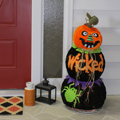 38" Pre-Lit Orange and Black Standing Spooky Wicked Jack-O-Lantern Pumpkin Halloween Decor