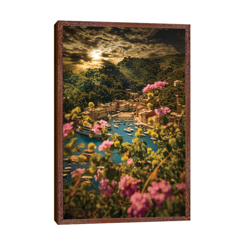 Portofino With Flowers by Enzo Romano - Print on Canvas, 101.6cm H x 66.04cm W x 3.81cm D, Classic Brown Wood Framed