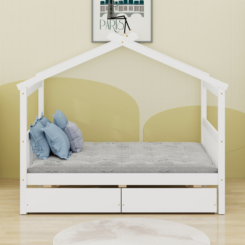 Wooden House Bed With Drawers, Full, White