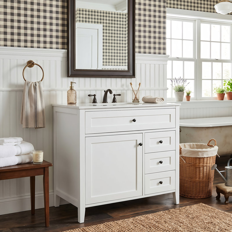 Meuble-lavabo moderne 36 po avec lavabo en céramique, armoire de rangement en bois d'hévéa massif avec tiroir basculant (noir / blanc / gris / vert)