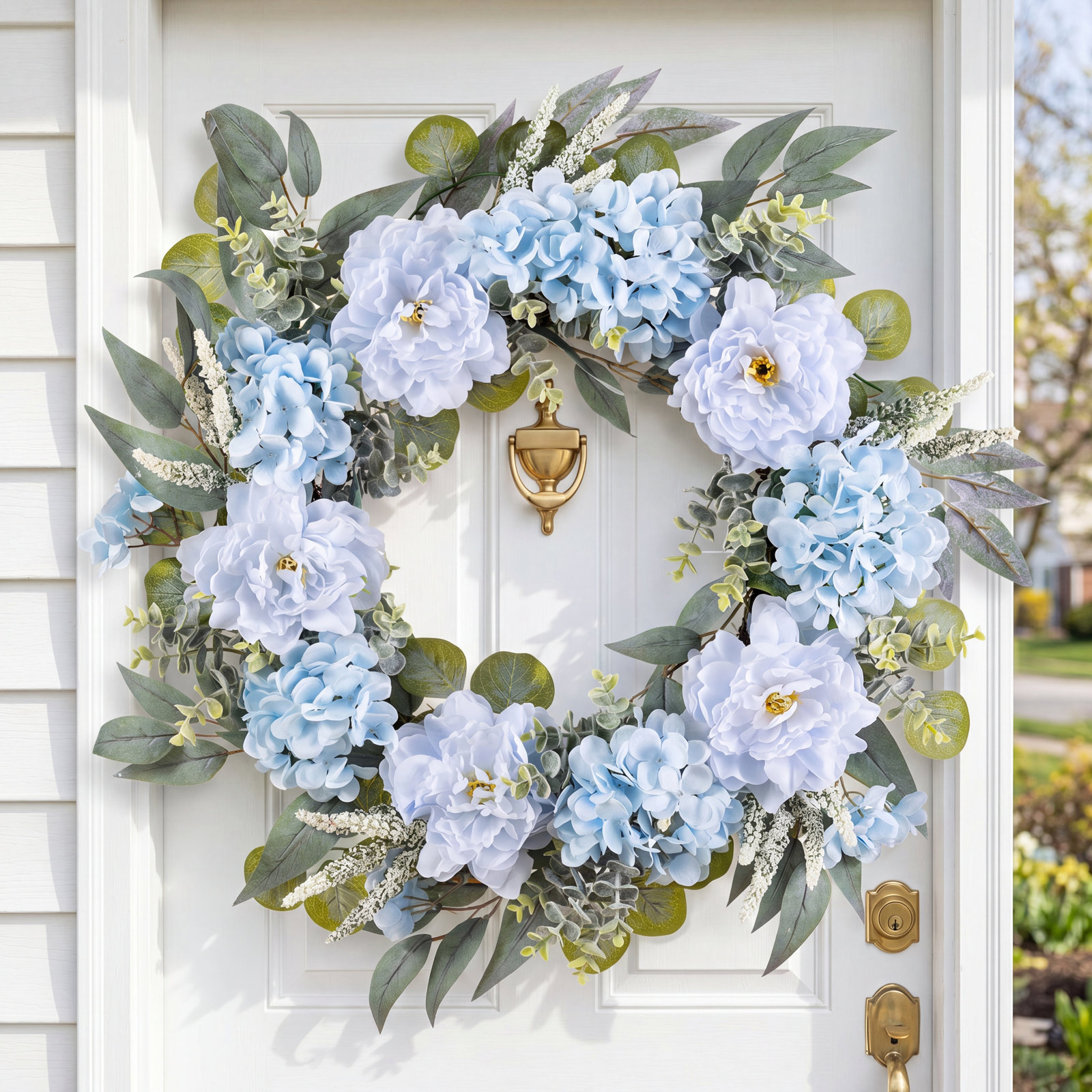 24" D Floral Wreath, Blue Peony & Hydrange