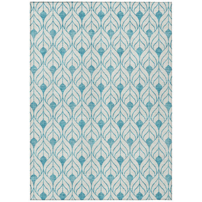 9' X 12' Teal Blue And Ivory Geometric Washable Indoor Outdoor Area Rug