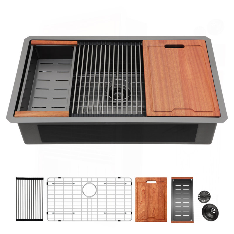 Évier de cuisine encastrable 33 po - 33 po x 19 po à cuve simple noire en acier inoxydable calibre 16 avec éviers de cuisine