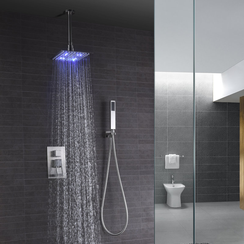 Sumerain Modern Shower System, Wall-Mount Single Handle Shower System with LED Square Rain Ceiling Showerhead & Hand Shower, Brushed Nickel