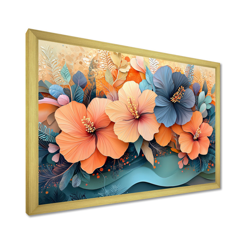 Hibisuc tropical dans une symphonie côtière II - Hibiscus, art mural, H 16 po x l 32 po, Avec cadre, Doré