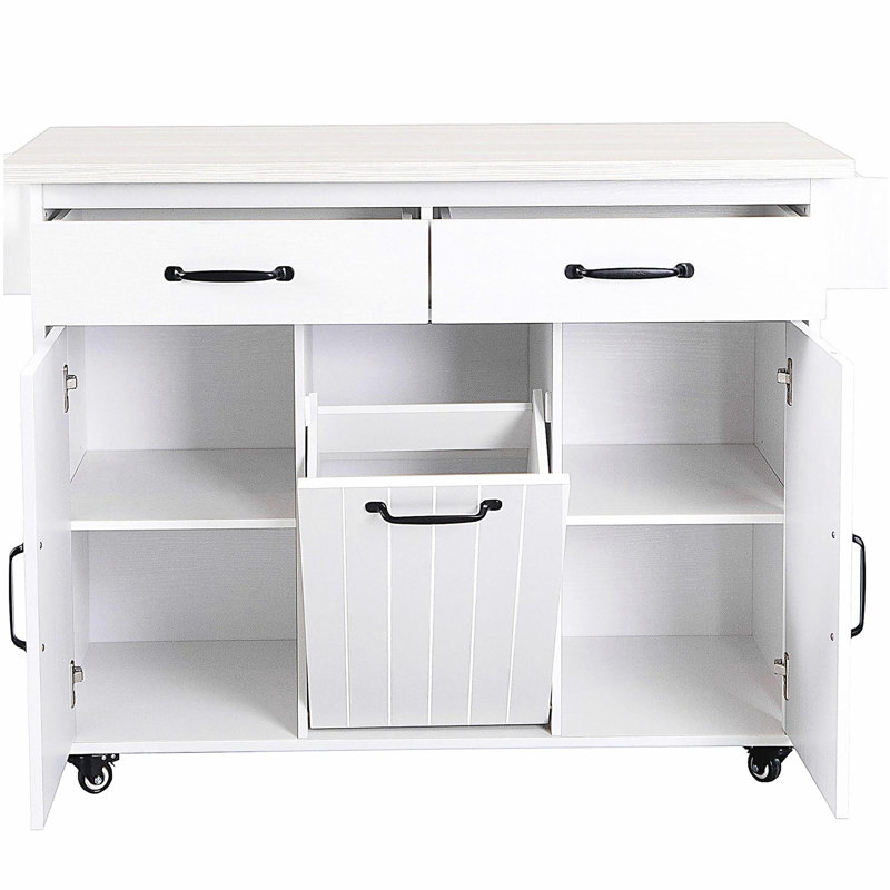 K&K Kitchen Island with Trash Can Storage Cabinet, Kitchen Cart with Drop Leaf, Spice Rack, Towel Rack and Drawer, Rolling Kitchen Island on Wheels with Adjustable Shelf, White
