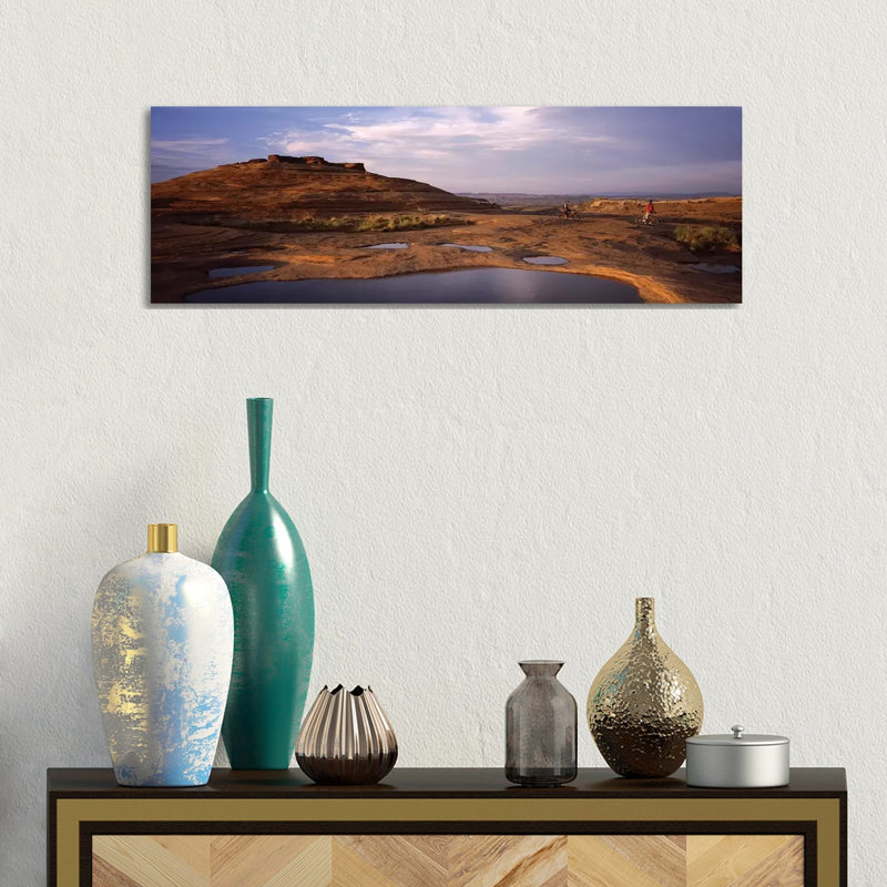 Mountain Bike Riders On A Trail, Slickrock Trail, Sand Flats Recreation Area, Moab, Utah, USA - Wrapped Canvas Panoramic Print