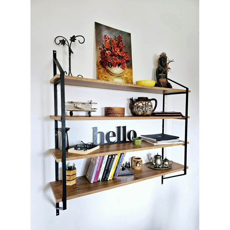 Tablette murale moderne, noir et pin atlantique, 47,2 x 47,2 x 11,0 pouces | 100% panneau de particules enduit de mélamine, 0,7 pouce d'épaisseur, structure 100% métal | Design industriel, solution de rangement élégante pour la maison et le bureau